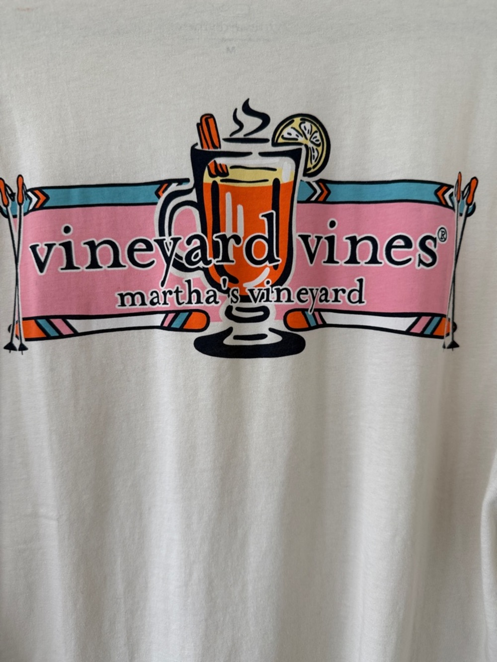 Vineyard Vines White Tee with Pink & Light Blue Banner and Orange Drink Graphic